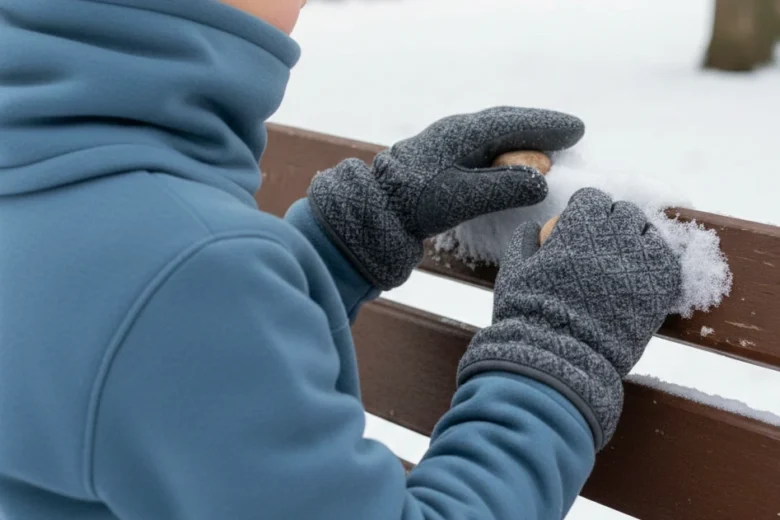 Criança de costas usando luvas cinzas de textura suave e gola térmica azul, brincando com neve em um banco de madeira em um parque de inverno, destacando o conforto tátil dos acessórios.