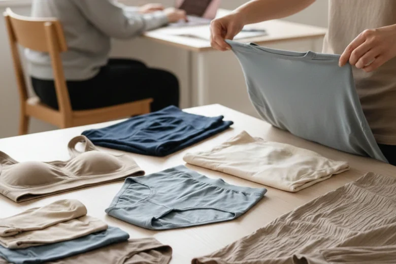 Uma coleção de roupas de cores neutras e suaves dispostas sobre uma mesa de madeira clara, incluindo peças íntimas, tops e camisetas com textura macia e sem costuras aparentes. Ao fundo, uma pessoa trabalha tranquilamente em um notebook, sugerindo foco e conforto.