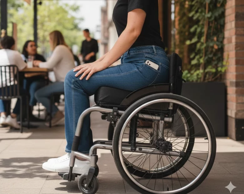 Mulher sentada em uma cadeira de rodas usando uma calça jeans de alfaiataria adaptada, com cós alto na parte traseira e bolso lateral funcional na coxa, em um ambiente externo iluminado.