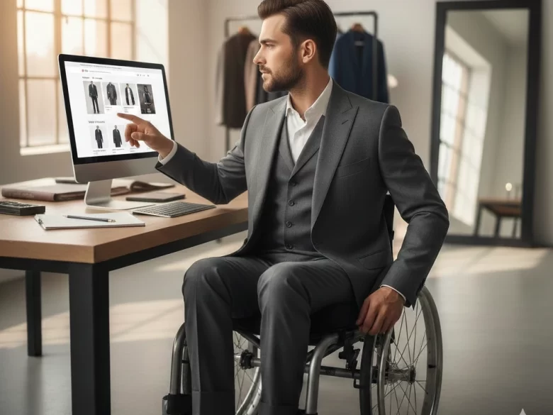 Homem usuário de cadeira de rodas, vestido com um terno de alfaiataria cinza impecável, sentado à frente de um computador em um estúdio moderno, apontando para a tela que exibe uma loja online de roupas masculinas.