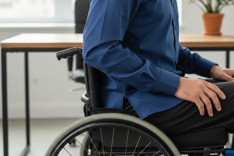 Homem sentado em uma cadeira de rodas usando uma camisa de alfaiataria azul com fenda lateral estratégica, mostrando o caimento perfeito do tecido sobre o quadril sem acúmulo na cintura em um ambiente de escritório.