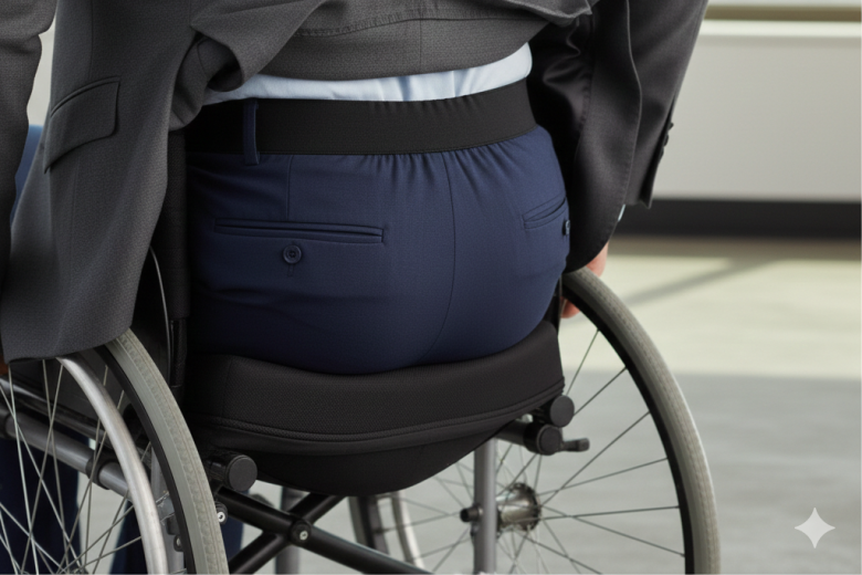 Close-up da parte traseira de uma calça de alfaiataria adaptada para cadeirante, destacando o cós com elástico preto embutido para maior conforto e ajuste lombar na posição sentada.