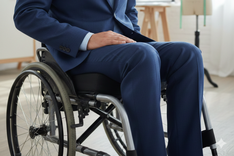 Homem cadeirante vestindo terno azul de alfaiataria sentado, com foco no caimento impecável da calça social sobre o ângulo dos joelhos e quadril em um ambiente de ateliê de costura.
