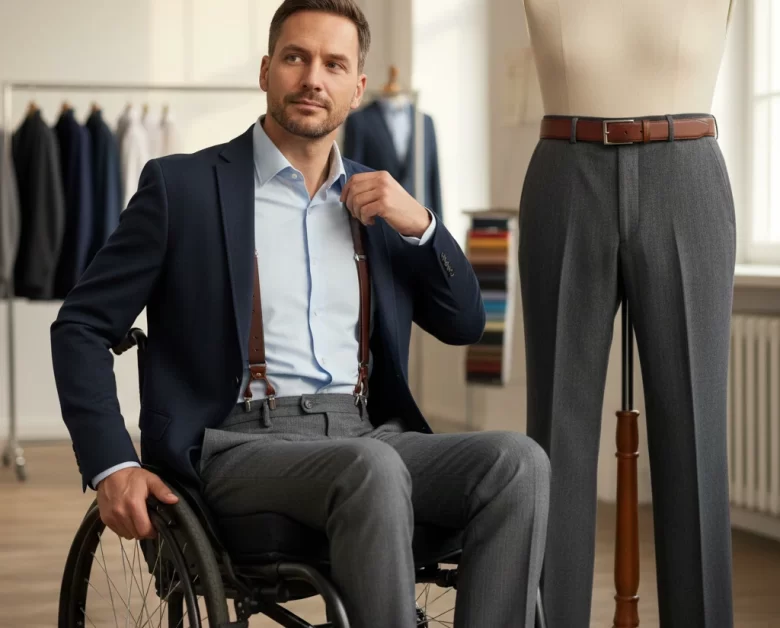 Homem cadeirante vestindo traje de alfaiataria elegante com suspensórios de couro marrom sobre camisa azul, posicionado ao lado de um manequim que veste calça social com cinto, em um ambiente de ateliê de costura iluminado.