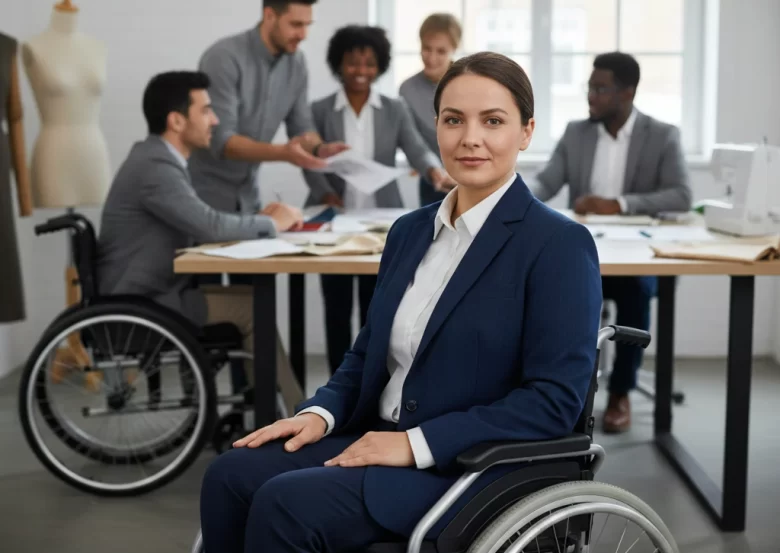 Mulher cadeirante sorridente usando um blazer de alfaiataria azul marinho perfeitamente ajustado ao corpo na posição sentada, em um ambiente de escritório moderno com equipe de moda ao fundo.