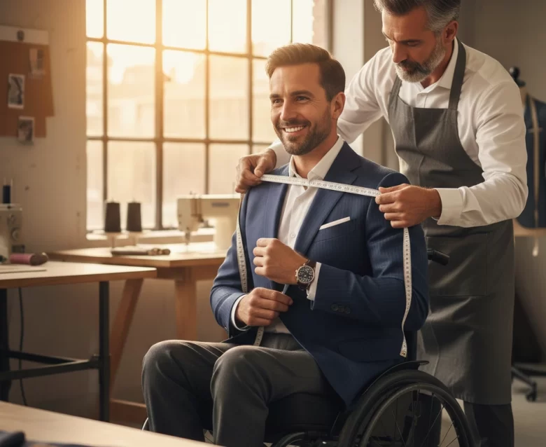 Um homem cadeirante sorridente veste um paletó de alfaiataria azul enquanto um alfaiate profissional, posicionado atrás dele, utiliza uma fita métrica para medir a largura dos ombros em um ateliê iluminado.