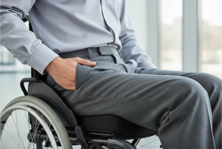 Homem sentado em cadeira de rodas vestindo calça de alfaiataria cinza com a mão apoiada no bolso frontal ergonômico, demonstrando o ajuste perfeito que evita pressão na virilha.