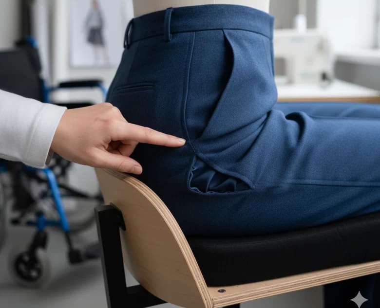 Close-up detalhado de uma calça de alfaiataria azul em um manequim na posição sentada, destacando costuras planas e suaves na lateral para evitar pontos de pressão, com uma cadeira de rodas ao fundo em um atelier de costura.