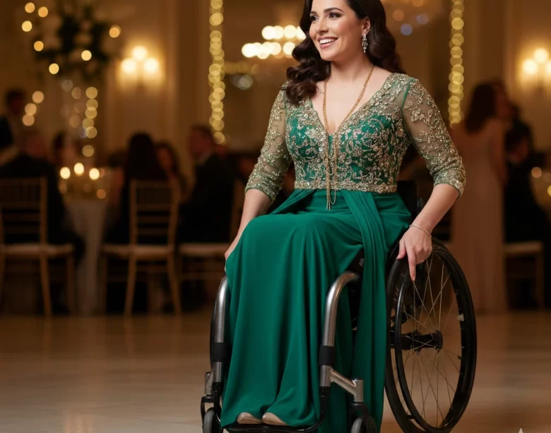 Mulher cadeirante elegante em um salão de festas, vestindo um vestido de gala verde esmeralda com corpete em renda dourada e saia fluida, exemplificando a alfaiataria sentada.