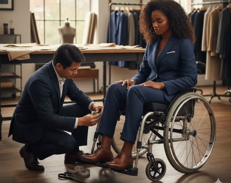 Mulher negra elegante sentada em uma cadeira de rodas vestindo um conjunto de alfaiataria azul marinho, enquanto um alfaiate ajusta cuidadosamente a barra da calça em um ateliê de costura iluminado.