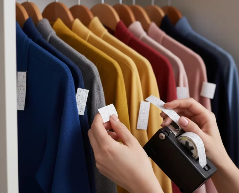 Uma mão feminina segura uma rotuladora Braille portátil e aplica uma etiqueta com pontos em relevo em uma peça de roupa azul. Ao fundo, um guarda-roupa organizado com diversas blusas em tons de amarelo, vermelho, rosa e azul penduradas em cabides de madeira, todas com etiquetas táteis visíveis.
