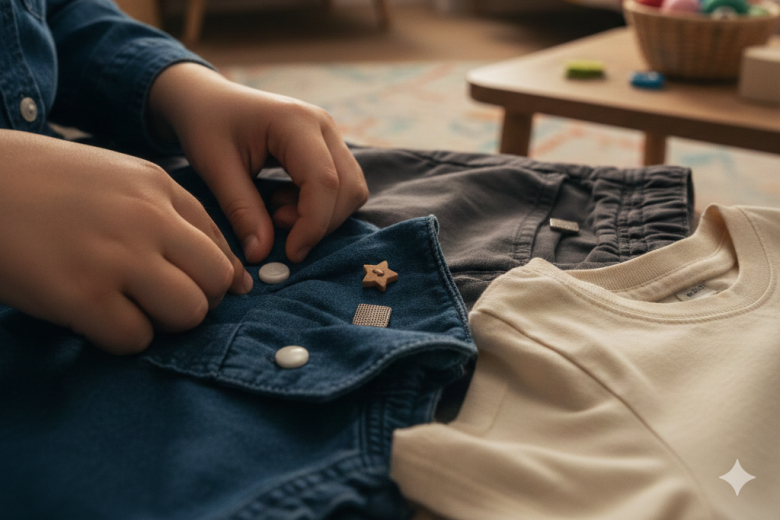 Close-up das mãos de uma pessoa tocando diferentes botões decorativos (em formato de estrela, quadrado e redondo) costurados em peças de roupa de diferentes texturas, como jeans e algodão, sobre uma superfície clara em um ambiente doméstico acolhedor.
