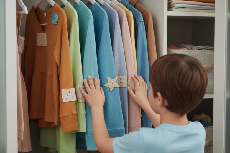Criança de costas interagindo com um guarda-roupa organizado, tocando etiquetas táteis com relevo e formas geométricas em peças de roupas coloridas penduradas em cabides.