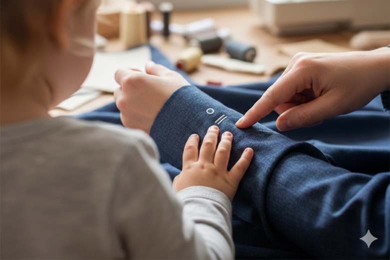 Close em detalhe de uma manga de roupa azul onde se vê um bordado em relevo com símbolos geométricos (círculo e linhas paralelas). Uma mão adulta guia a mão de uma criança pequena, que toca o bordado para identificação tátil. Ao fundo, uma máquina de costura e carretéis de linha desfocados em um ambiente de ateliê.