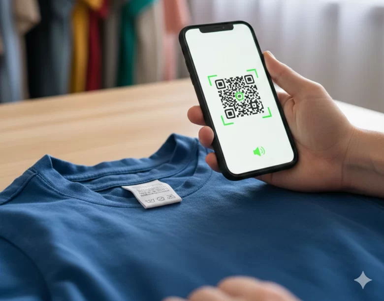 Pessoa segurando um smartphone que aponta a câmera para a etiqueta de uma camiseta azul sobre uma mesa de madeira. A tela do celular exibe um QR Code sendo escaneado com ícones de acessibilidade sonora, representando o uso de tecnologia assistiva na moda.