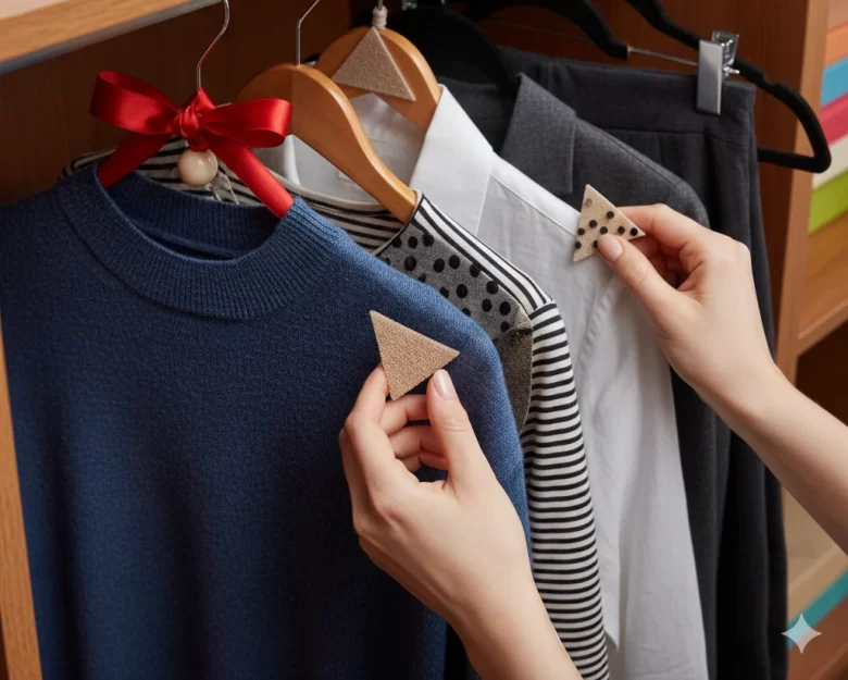 Uma pessoa utiliza as mãos para tocar e identificar etiquetas táteis em formato de triângulo fixadas em roupas penduradas em um guarda-roupa organizado. A imagem foca no detalhe do toque e nos diferentes materiais usados para marcação, como fitas e texturas.