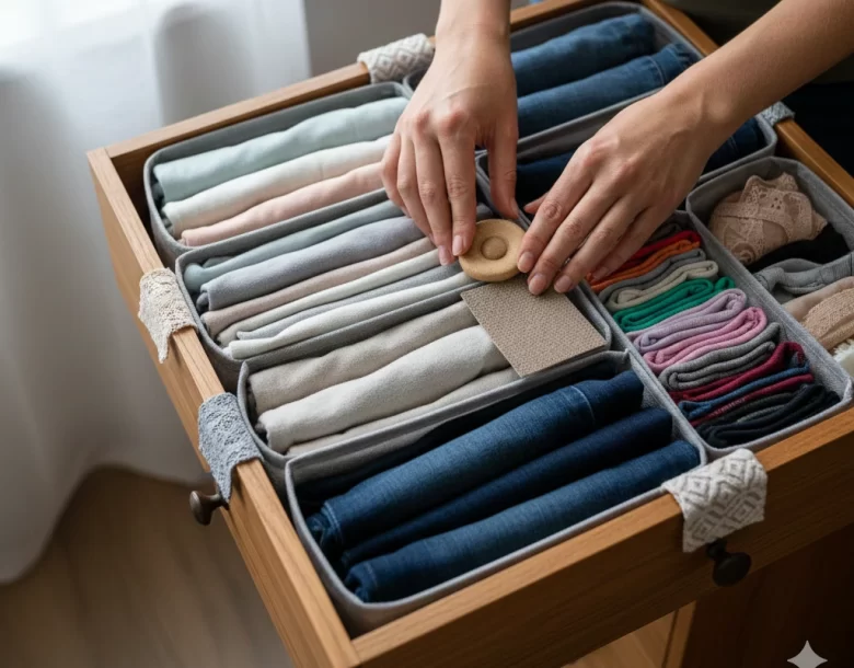 Close das mãos de uma pessoa tocando uma divisória tátil em uma gaveta organizada. A gaveta possui organizadores de tecido com roupas dobradas verticalmente e marcadores de textura (como botões de madeira e tecidos ásperos) nas bordas para identificação sensorial.