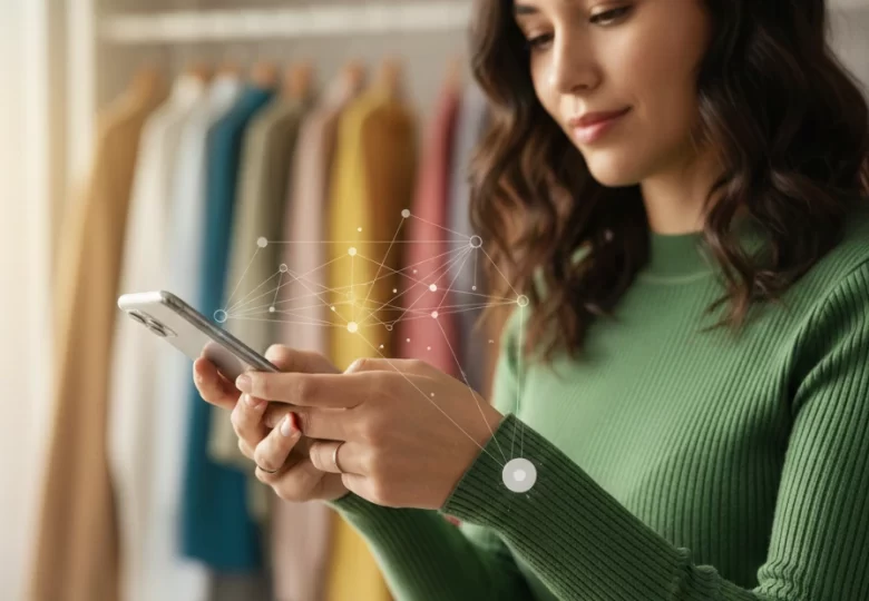 Mulher jovem com deficiência visual sorrindo ao aproximar um smartphone da manga de sua blusa verde, que possui uma etiqueta inteligente discreta. Ao fundo, um guarda-roupa organizado com peças coloridas em cabides, representando tecnologia assistiva e autonomia na moda.
