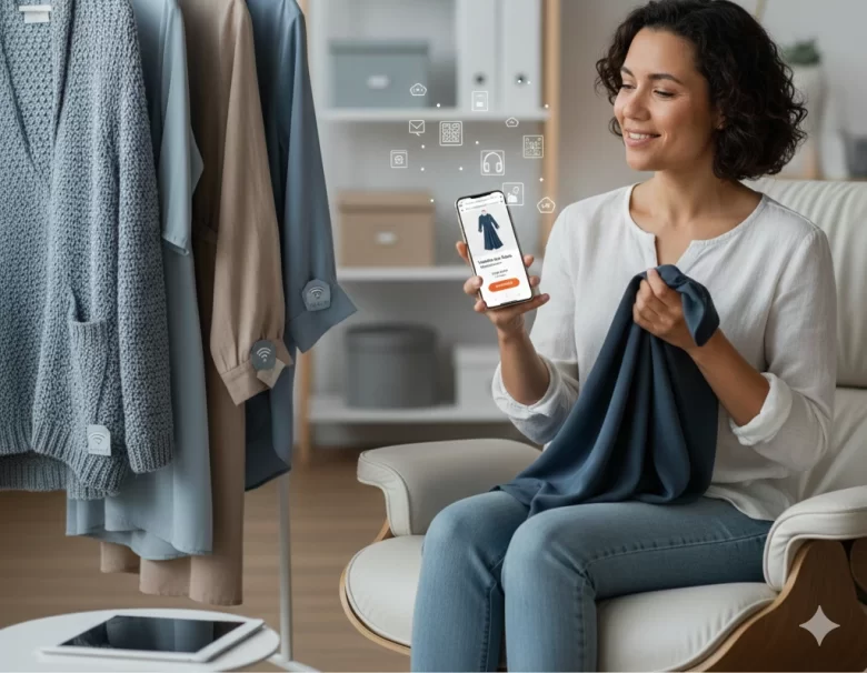 Mulher sentada em uma poltrona segurando um smartphone que exibe um aplicativo de loja de roupas online. Ela toca um tecido azul marinho enquanto ícones de tecnologia assistiva flutuam ao redor do aparelho. Ao fundo, uma arara com roupas organizadas e etiquetas de sinalização digital, representando a autonomia na moda para pessoas com deficiência visual.