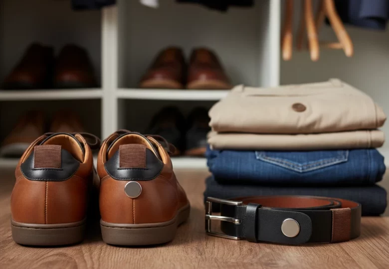Um par de sapatos masculinos de couro castanho posicionados lado a lado com pequenos ímãs circulares metálicos fixados no calcanhar. Ao lado, há um cinto de couro preto com um ímã semelhante e uma pilha de calças dobradas (jeans e sarja), ilustrando um sistema de organização tátil e acessível para pessoas com deficiência visual em um closet.