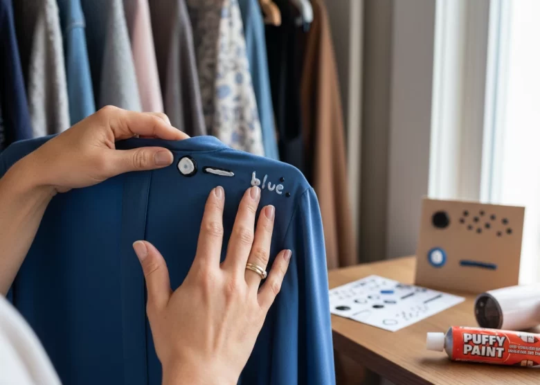 Uma pessoa tateando com as pontas dos dedos uma etiqueta feita com tinta puff em relevo no avesso de uma blusa azul. Ao fundo, um guarda-roupa organizado e, sobre uma mesa lateral, um tubo de tinta puff e um secador de cabelo, ilustrando o processo de criação de etiquetas táteis.