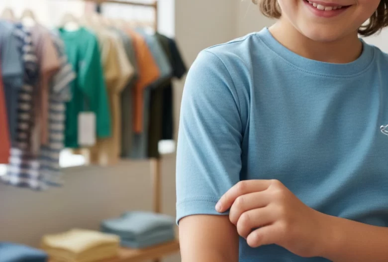 Criança sorrindo enquanto toca a manga de uma camiseta azul de tecido macio em uma loja de roupas inclusivas com araras ao fundo.