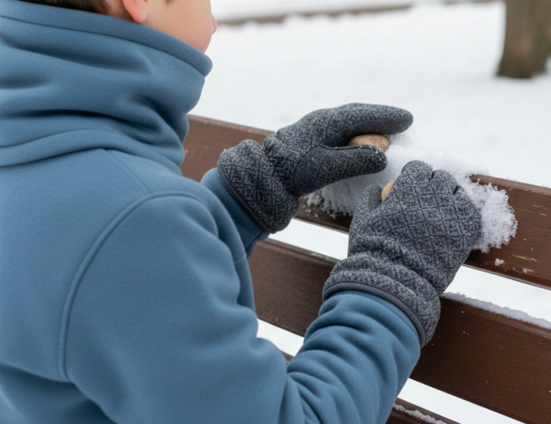 Criança de costas usando luvas cinzas de textura suave e gola térmica azul, brincando com neve em um banco de madeira em um parque de inverno, destacando o conforto tátil dos acessórios.