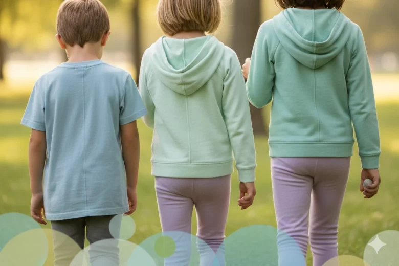 Três crianças de costas caminhando em um parque, vestindo roupas de algodão em tons pastéis (azul-sereno, verde-menta e lavanda). A imagem tem um aspecto suave e iluminado, representando o conforto visual e tátil da moda inclusiva para autismo e TDAH.