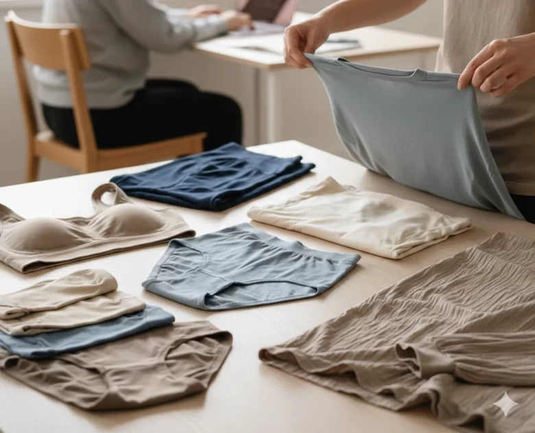 Uma coleção de roupas de cores neutras e suaves dispostas sobre uma mesa de madeira clara, incluindo peças íntimas, tops e camisetas com textura macia e sem costuras aparentes. Ao fundo, uma pessoa trabalha tranquilamente em um notebook, sugerindo foco e conforto.