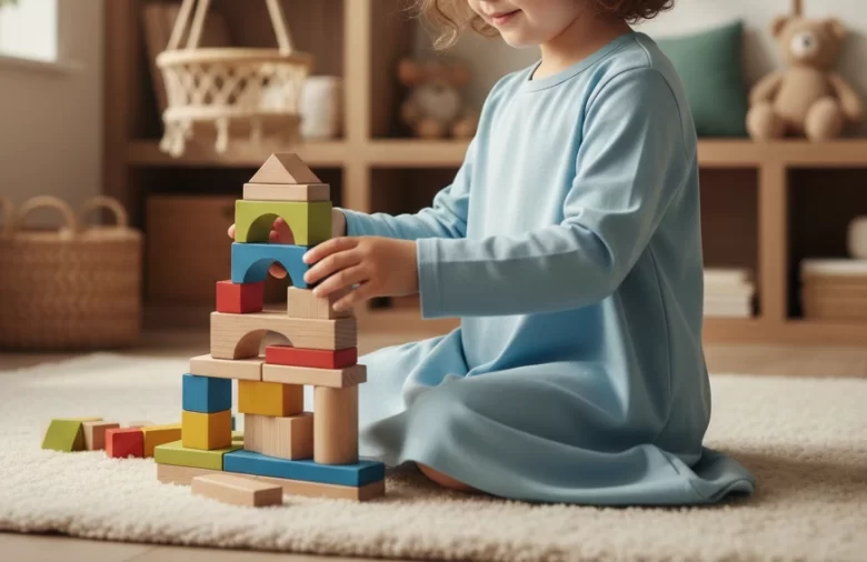 Criança pequena sentada em um tapete macio, vestindo uma túnica de algodão azul de textura suave, brincando com blocos de madeira em um ambiente acolhedor com ilustrações de flores de algodão ao fundo.
