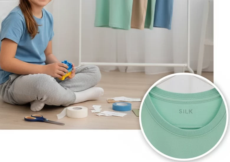 Uma criança sorridente sentada no chão brincando, com um detalhe em destaque mostrando a gola de uma camiseta de algodão macio sem etiqueta física, exibindo apenas as informações impressas diretamente no tecido (tecnologia tagless). Ao fundo, etiquetas removidas e ferramentas de costura.