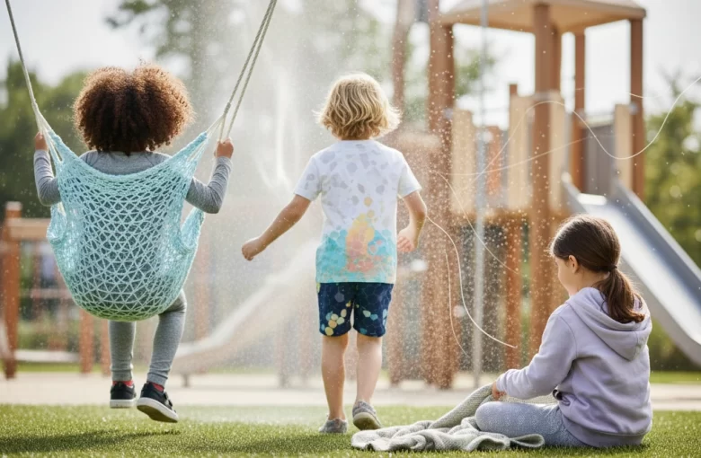 Crianças neurodivergentes de costas brincando em um parque ensolarado, vestindo roupas de tecidos inteligentes com texturas suaves e cores pastéis, representando o conforto térmico e sensorial.