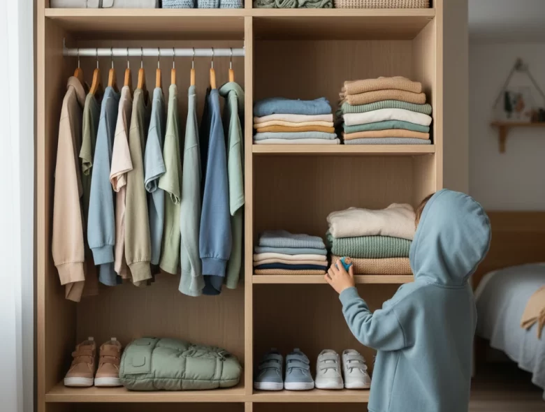 Uma criança de costas, vestindo um moletom azul suave, interagindo com um guarda-roupa cápsula organizado. As roupas estão dispostas em cabides e dobras perfeitas, em uma paleta de cores neutras e tons pastéis, transmitindo calma e organização sensorial.
