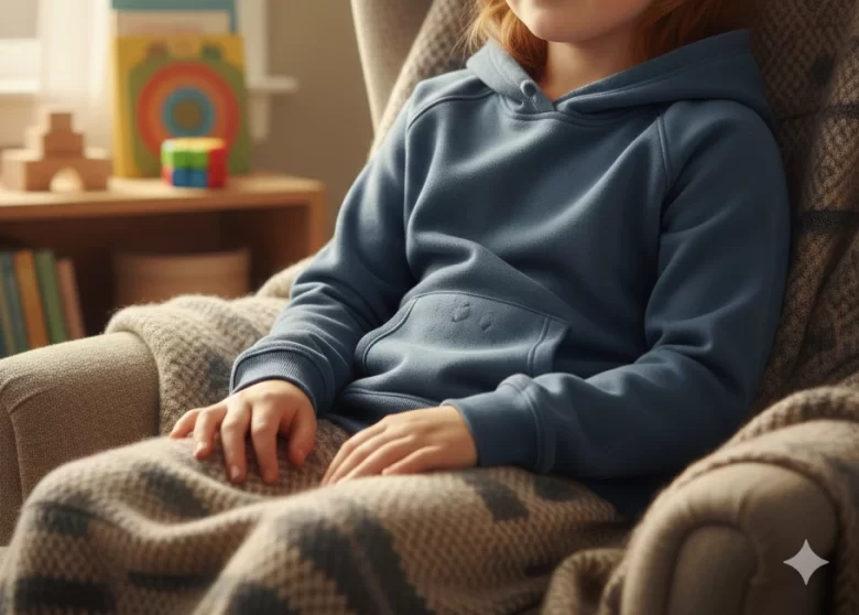 Criança ruiva sentada em uma poltrona, com expressão serena e olhos fechados, vestindo um moletom azul de tecnologia sensorial pesada em um ambiente acolhedor.