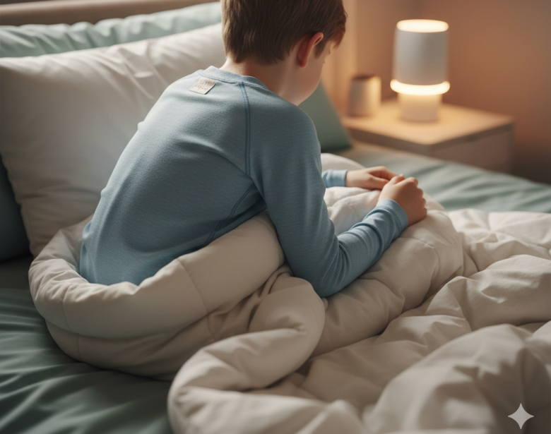 Criança de costas sentada na cama vestindo pijama azul de tecido sensorial, focando na textura suave e ausência de etiquetas internas, em um ambiente de quarto acolhedor com iluminação suave.