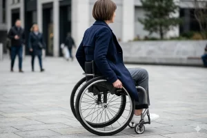 Uma pessoa sentada em uma cadeira de rodas manual, vista de perfil, usando um sobretudo de alfaiataria azul-marinho de comprimento médio. O casaco possui um corte ajustado que repousa sobre as coxas sem tocar nas rodas, demonstrando funcionalidade e estilo em um ambiente urbano moderno.