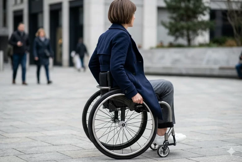 Uma pessoa sentada em uma cadeira de rodas manual, vista de perfil, usando um sobretudo de alfaiataria azul-marinho de comprimento médio. O casaco possui um corte ajustado que repousa sobre as coxas sem tocar nas rodas, demonstrando funcionalidade e estilo em um ambiente urbano moderno.