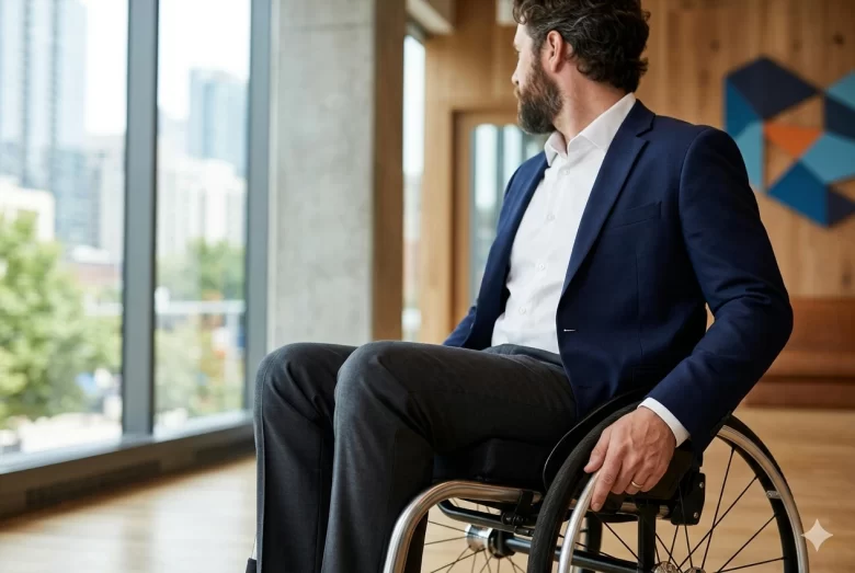 Homem vestindo conjunto de alfaiataria em tons de azul e cinza, sentado em uma cadeira de rodas em um escritório moderno. O foco está no caimento liso e impecável da calça social sobre as pernas, demonstrando o design funcional da moda inclusiva.
