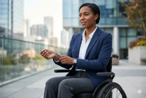 Mulher negra profissional sentada em cadeira de rodas vestindo blazer azul marinho e calça cinza de alfaiataria com elastano em ambiente corporativo externo.