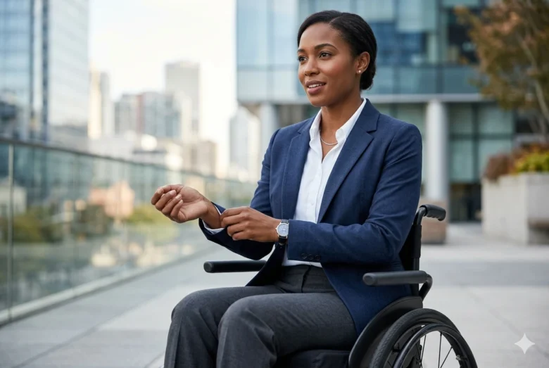 Mulher negra profissional sentada em cadeira de rodas vestindo blazer azul marinho e calça cinza de alfaiataria com elastano em ambiente corporativo externo.