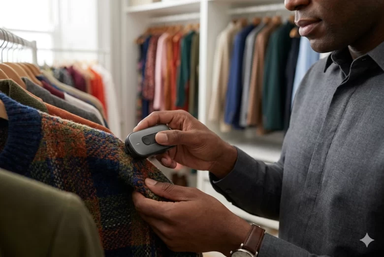 Um homem de perfil, segurando um pequeno gadget eletrônico preto (identificador de cores) contra o tecido de uma blusa estampada em um guarda-roupa. A mão toca a textura da peça enquanto o sensor faz a leitura para combinação de looks.