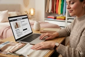 Uma mulher jovem, sentada à mesa com um laptop aberto, toca com as pontas dos dedos diferentes amostras de tecidos texturizados. Na tela do computador, aparece uma página de loja de roupas com foco na seção de descrição de texto alternativo (alt-text). Ao fundo, um guarda-roupa organizado com peças coloridas. A iluminação é suave e o foco está na interação tátil com os tecidos.