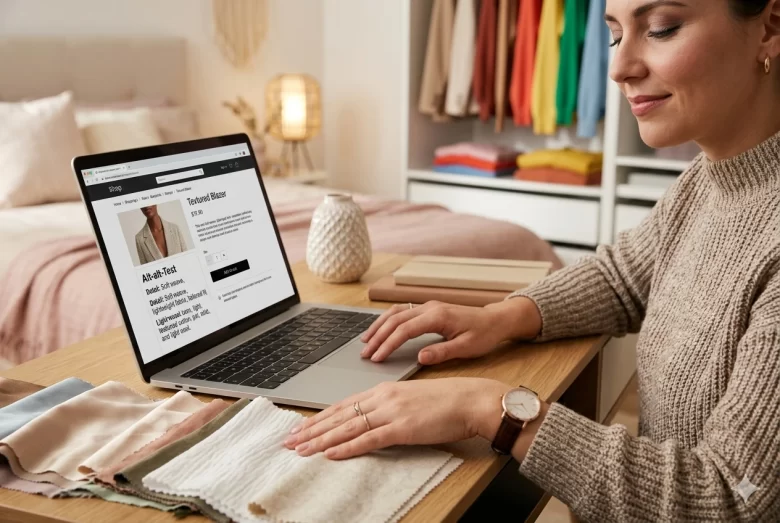 Uma mulher jovem, sentada à mesa com um laptop aberto, toca com as pontas dos dedos diferentes amostras de tecidos texturizados. Na tela do computador, aparece uma página de loja de roupas com foco na seção de descrição de texto alternativo (alt-text). Ao fundo, um guarda-roupa organizado com peças coloridas. A iluminação é suave e o foco está na interação tátil com os tecidos.