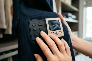 Close-up das mãos de uma pessoa tocando e comparando duas etiquetas táteis em uma peça de roupa azul marinho: uma etiqueta de silicone preto com formas geométricas em relevo e uma etiqueta de tecido bege com bordado tátil e pontos em Braille.