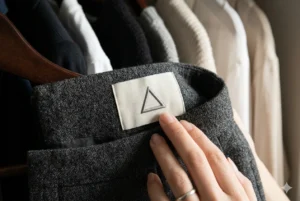 Close-up de uma mão tocando uma etiqueta branca em uma peça de roupa cinza texturizada. A etiqueta possui um símbolo geométrico de triângulo bordado em relevo, com um guarda-roupa ao fundo.