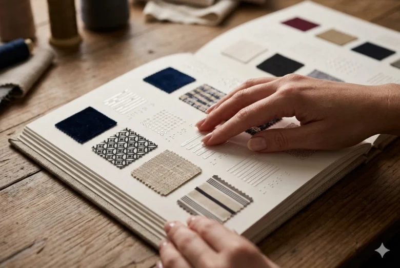 Close-up de mãos explorando um catálogo tátil de moda com retalhos de tecidos de diversas texturas e estampas, acompanhados de sinalizações em relevo e Braille sobre papel encorpado em uma mesa de madeira.