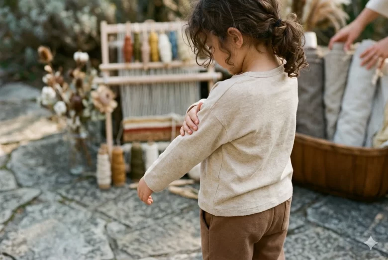 Criança de costas vestindo blusa de fibra natural bege em ambiente externo. Ao fundo, elementos de tecelagem e cestos com rolos de tecidos orgânicos, enfatizando o conforto tátil e a suavidade das texturas em oposição às fibras sintéticas.