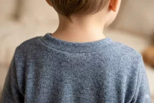 Close detalhado da parte de trás do pescoço de uma criança vestindo uma camiseta de malha azul texturizada com acabamento de gola careca sem costuras aparentes, destacando o conforto tátil e a ausência de etiquetas ou pontos de atrito.