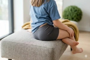 Criança sentada de costas em um puff, vestindo roupa íntima sensorial cinza de toque suave e camiseta azul, destacando o conforto tátil e o design anatômico da peça sem costuras aparentes.