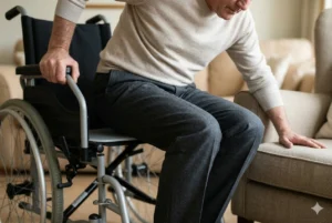 Homem cadeirante vestindo calça de alfaiataria cinza estruturada, realizando o movimento de transferência ao deslizar lateralmente de sua cadeira de rodas para um sofá bege confortável. A imagem foca do abdômen para baixo, destacando o caimento impecável e funcional da roupa na posição sentada.